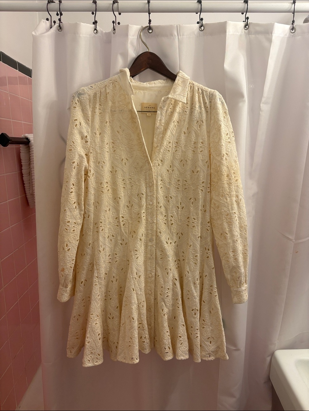 Sezane Cream Eyelet Mini Dress with Collar